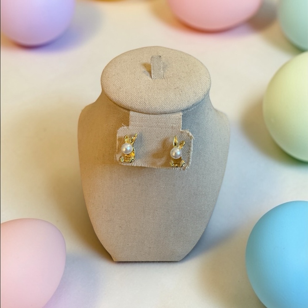 Gold Tone Bunny Pearl Stud Earrings | Easter Bunny Earrings